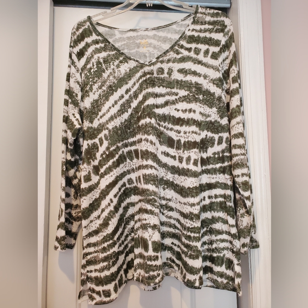 Belle by Kim Gravel Olive and White Striped Long Sleeve Top